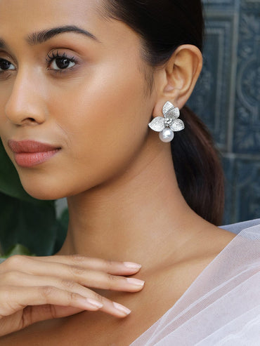 Rubans Rhodium Plated Cubic Zirconia Studded Floral Pearl Drop Earrings Earrings