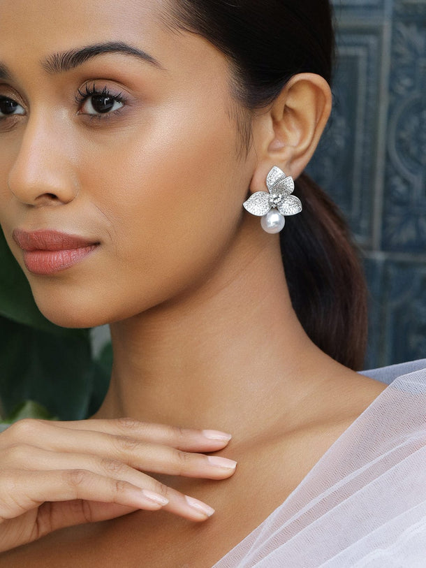 Rubans Rhodium Plated Cubic Zirconia Studded Floral Pearl Drop Earrings Earrings