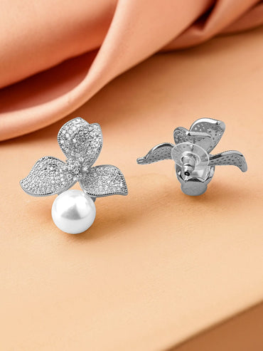Rubans Rhodium Plated Cubic Zirconia Studded Floral Pearl Drop Earrings Earrings