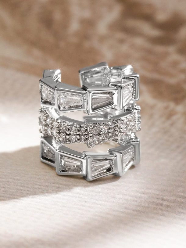 Rubans Rhodium-Plated Cubic Zirconia Studded Geometric Design Openable Ear Cuff Earrings Earrings