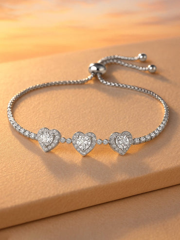 Rubans Rhodium Plated Cubic Zirconia Studded Heart Adjustable Chain Charm Bracelet Bracelet