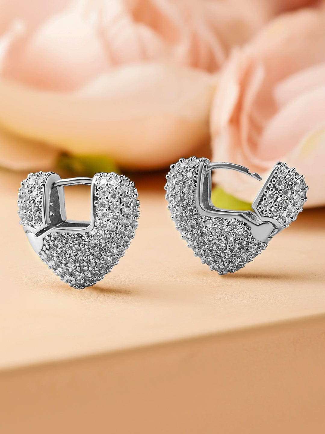 Rubans Rhodium-Plated Cubic Zirconia Studded Heart Shape Hoop Earrings Earrings