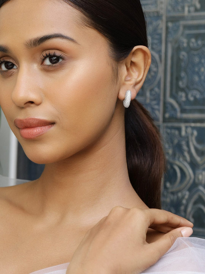 Rubans Rhodium-Plated Cubic Zirconia Studded Heart Shape Hoop Earrings Earrings