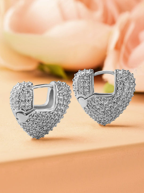 Rubans Rhodium-Plated Cubic Zirconia Studded Heart Shape Hoop Earrings Earrings
