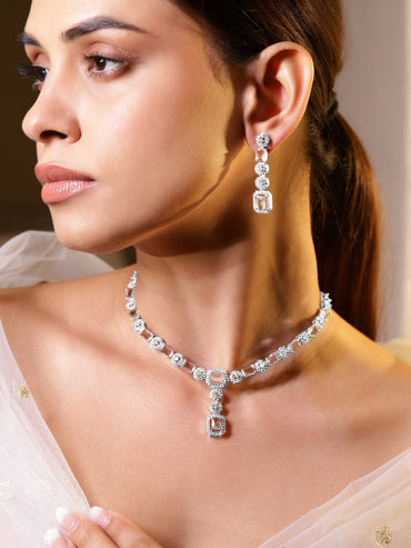 Rubans Rhodium Plated Cubic Zirconia Studded Jewellery Set Necklace Set