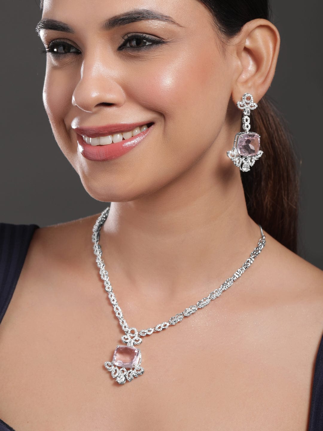 Rubans Rhodium-Plated Cubic Zirconia-Studded Jewellery Set Necklace Set