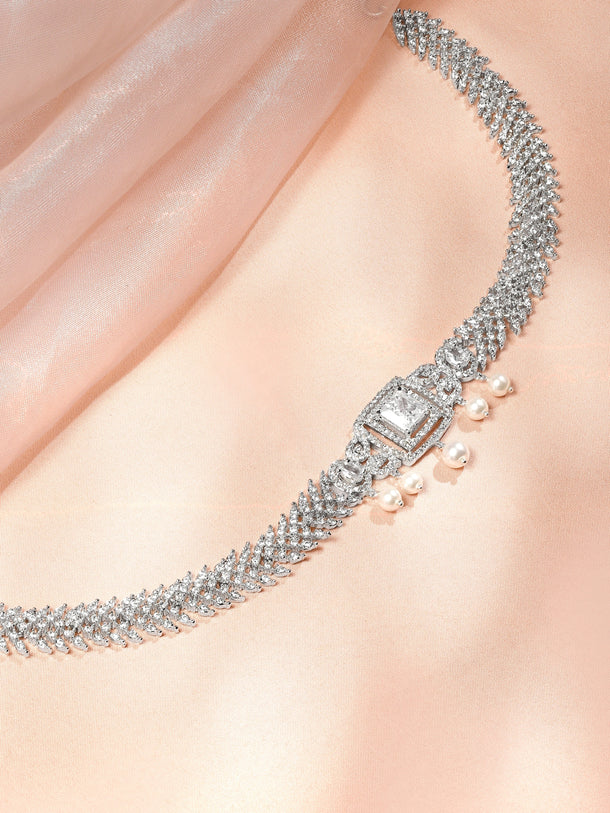 Rubans Rhodium-Plated Cubic Zirconia Studded Kamarbandh with White Pearls â€“ Wedding & Festive Wear Saree Accessories