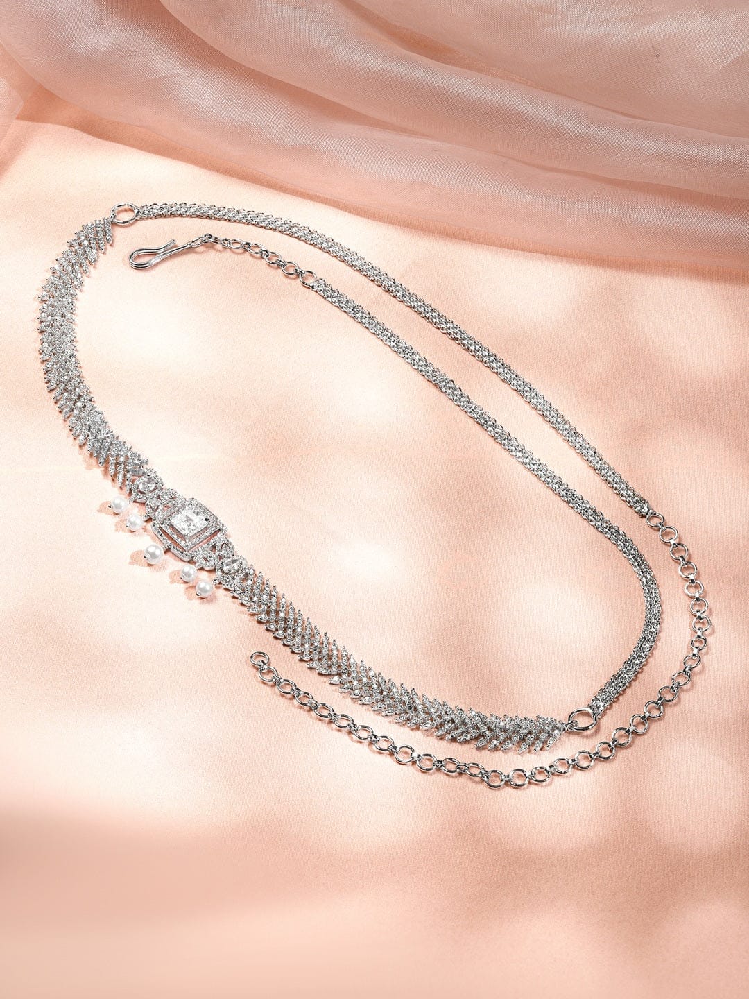 Rubans Rhodium-Plated Cubic Zirconia Studded Kamarbandh with White Pearls â€“ Wedding & Festive Wear Saree Accessories