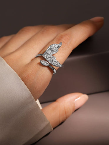 Rubans Rhodium-Plated Cubic Zirconia Studded Leaf Design Openable Adjustable Ring Finger Ring