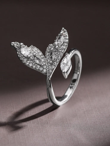 Rubans Rhodium-Plated Cubic Zirconia Studded Leaf Design Openable Adjustable Ring Rings