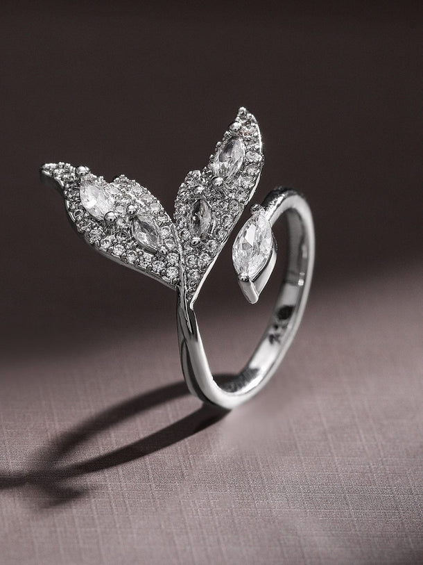 Rubans Rhodium-Plated Cubic Zirconia Studded Leaf Design Openable Adjustable Ring Rings