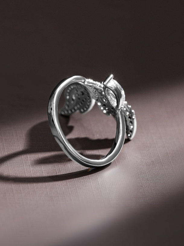 Rubans Rhodium-Plated Cubic Zirconia Studded Leaf Design Openable Adjustable Ring Rings