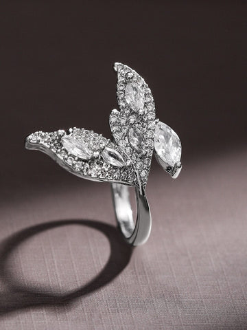 Rubans Rhodium-Plated Cubic Zirconia Studded Leaf Design Openable Adjustable Ring Rings