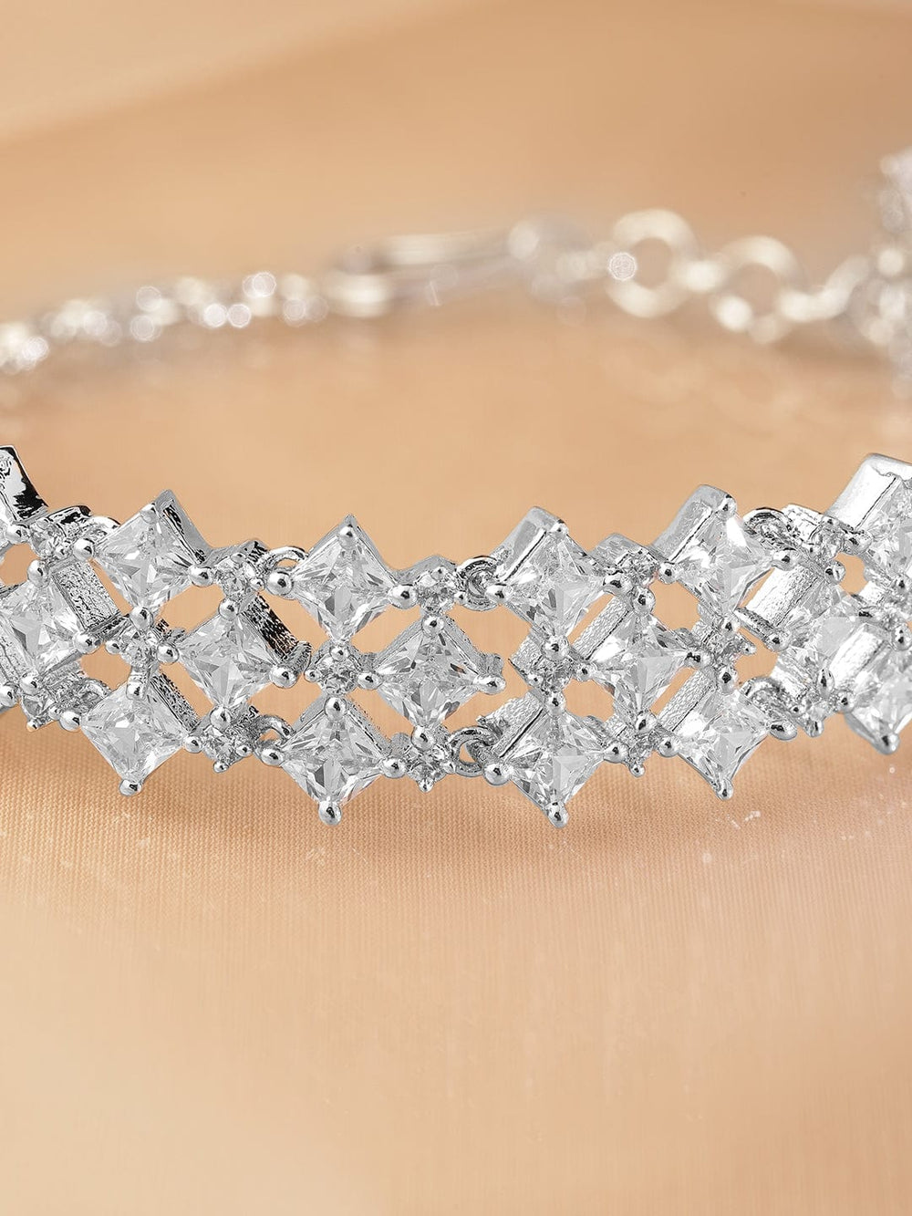 Rubans Rhodium-Plated Cubic Zirconia Studded Luxurious Bracelet Bracelet