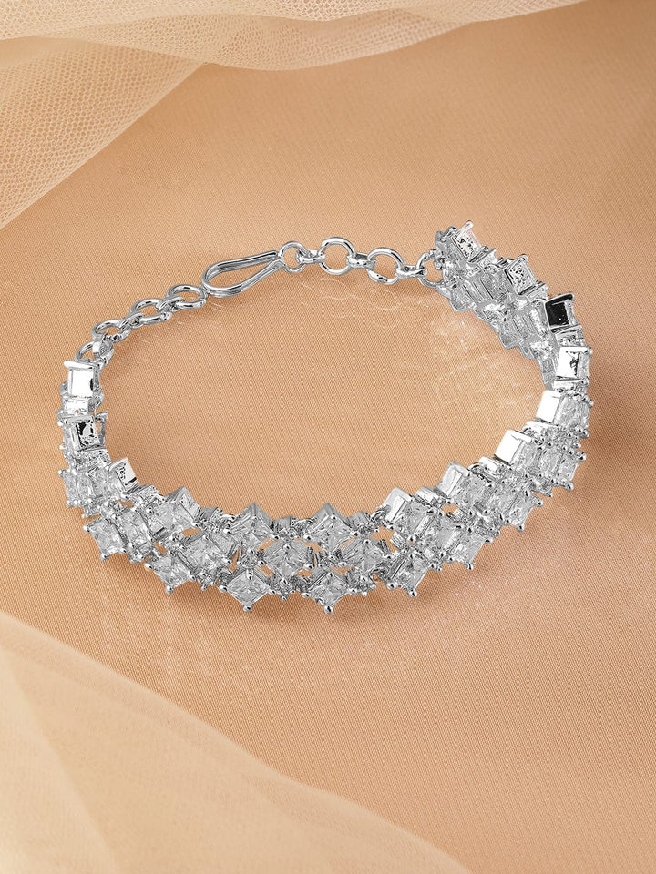 Rubans Rhodium-Plated Cubic Zirconia Studded Luxurious Bracelet Bracelet