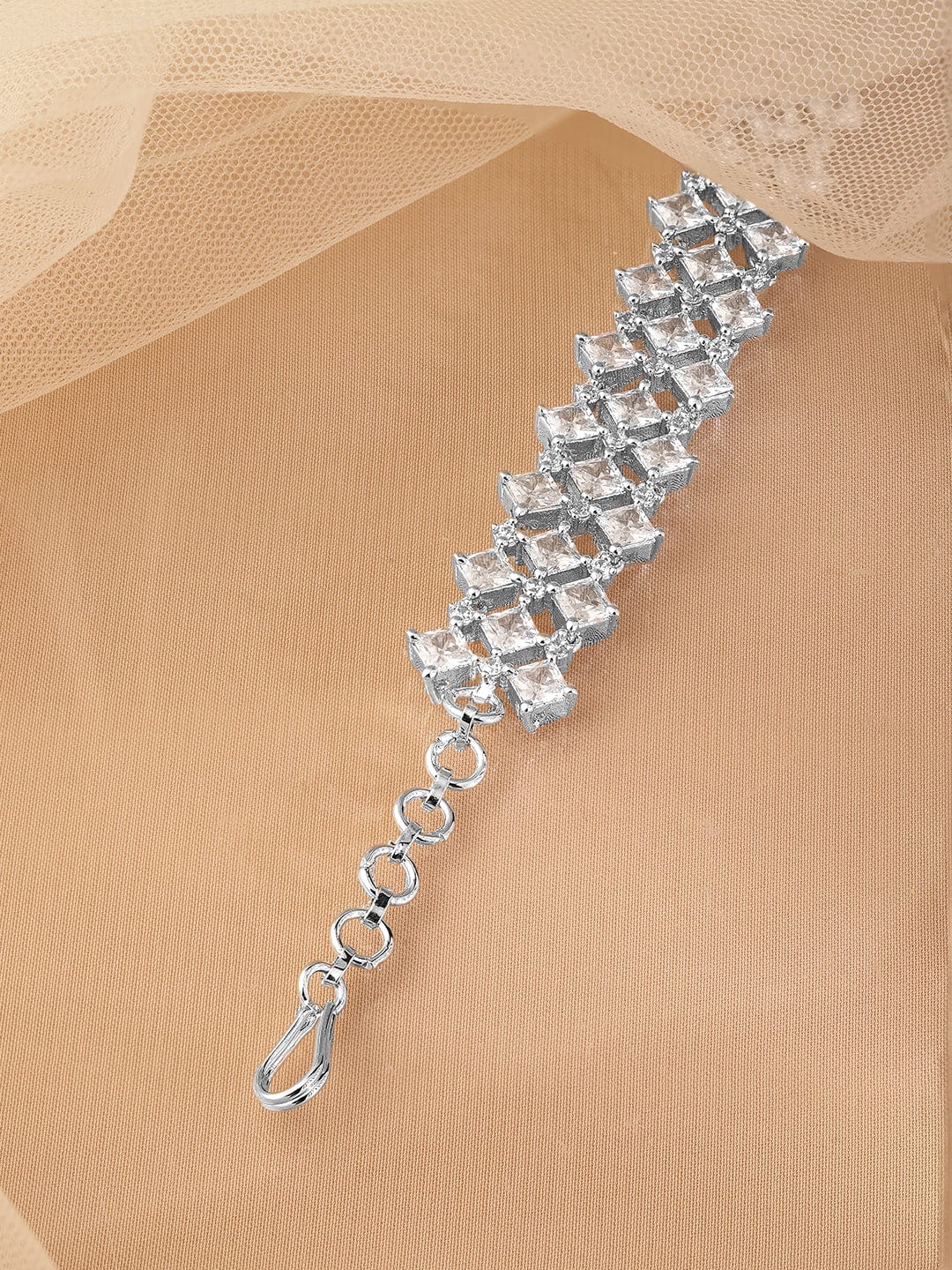 Rubans Rhodium-Plated Cubic Zirconia Studded Luxurious Bracelet Bracelet