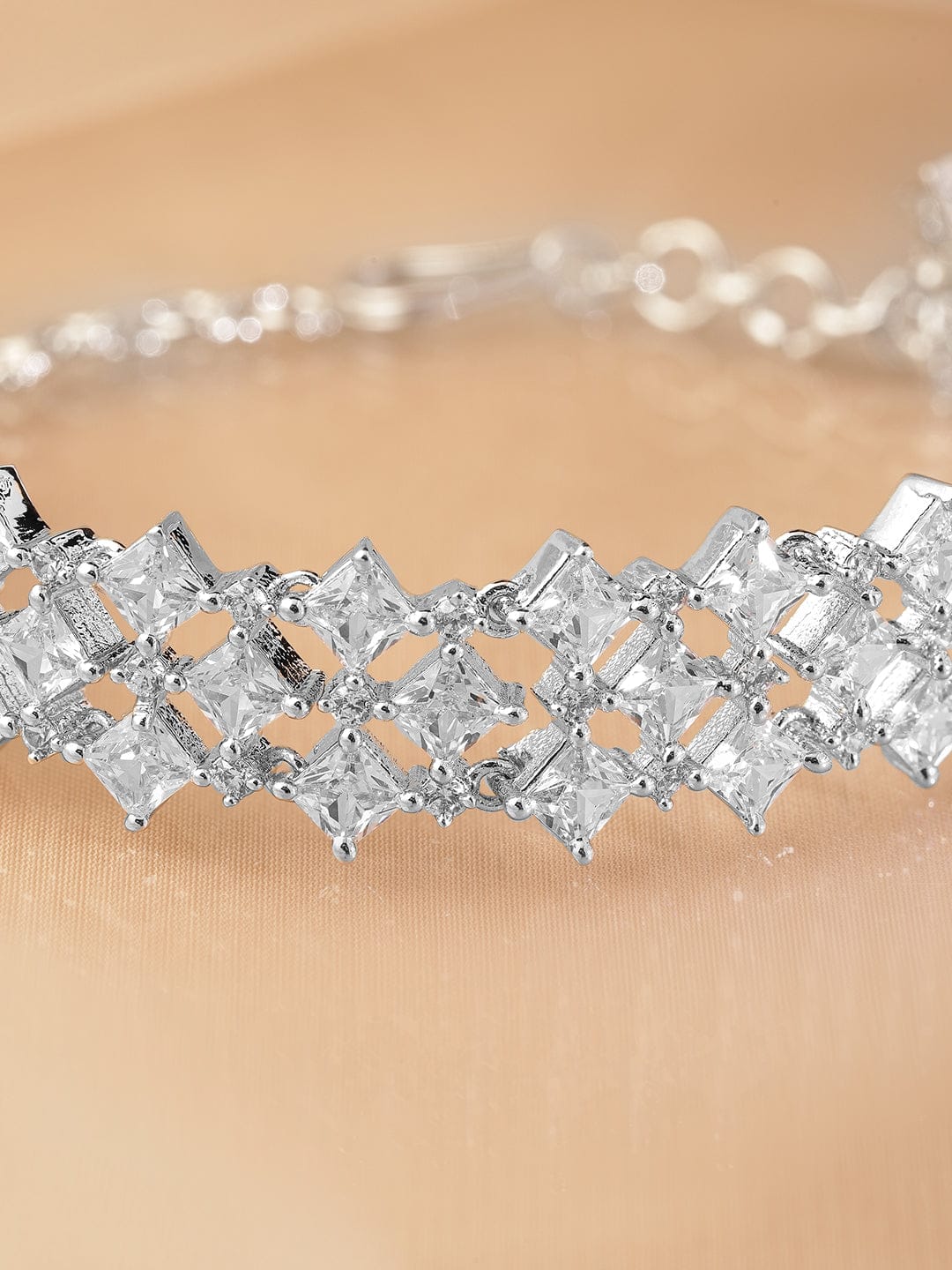 Rubans Rhodium-Plated Cubic Zirconia Studded Luxurious Bracelet Wristwear