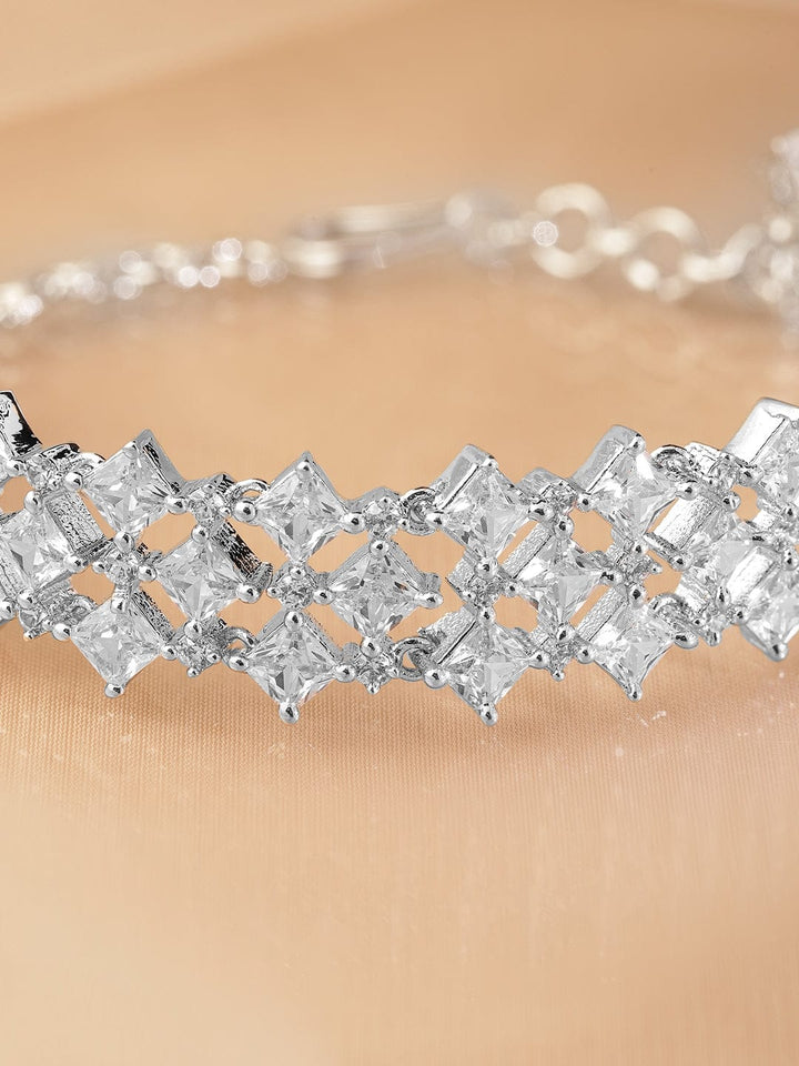 Rubans Rhodium-Plated Cubic Zirconia Studded Luxurious Bracelet Wristwear