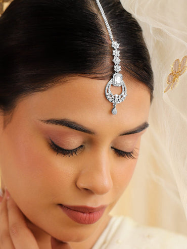 Rubans Rhodium Plated Cubic Zirconia Studded Maang Tikka Head Jewellery