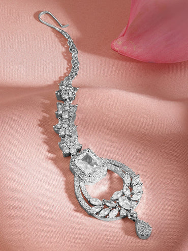 Rubans Rhodium Plated Cubic Zirconia Studded Maang Tikka Head Jewellery