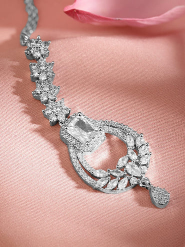 Rubans Rhodium Plated Cubic Zirconia Studded Maang Tikka Head Jewellery