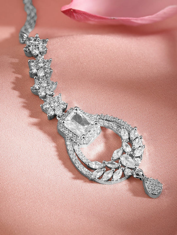 Rubans Rhodium Plated Cubic Zirconia Studded Maang Tikka Head Jewellery
