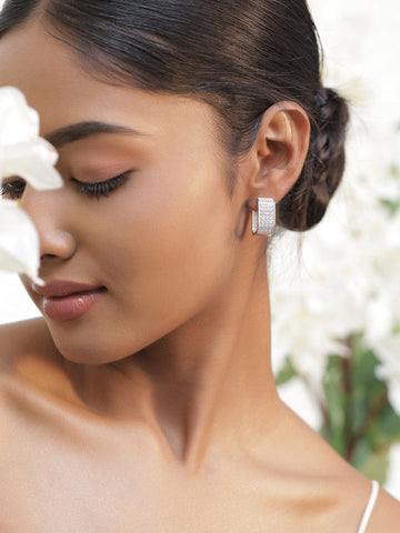 Rubans Rhodium-Plated Cubic Zirconia Studded Minimal Statement Half-Hoop Earrings Earrings