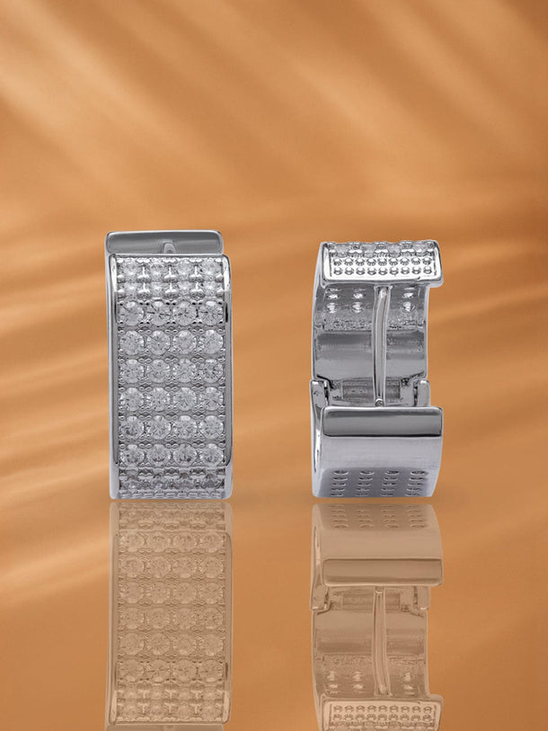 Rubans Rhodium-Plated Cubic Zirconia Studded Minimal Statement Half-Hoop Earrings Earrings