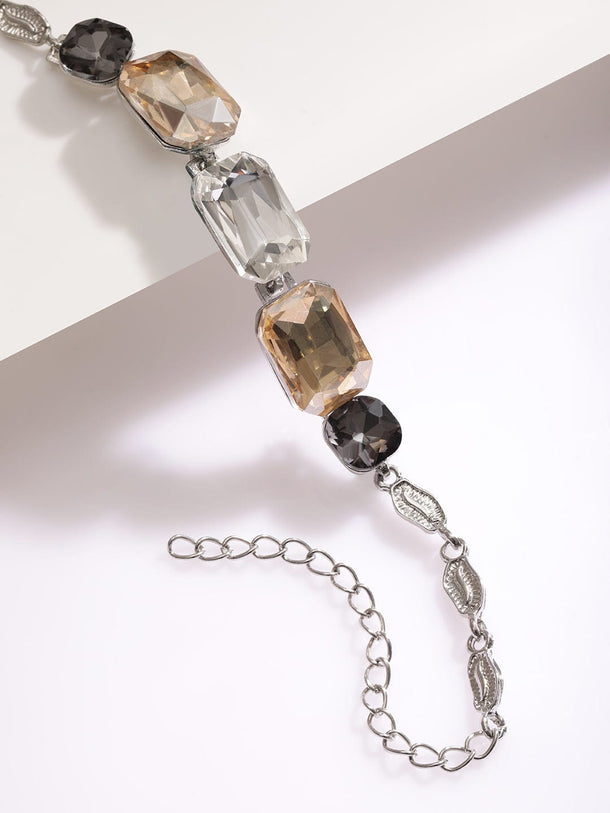 Rubans Rhodium Plated Cubic Zirconia Studded Multi-Colored Statement Bracelet Wristwear