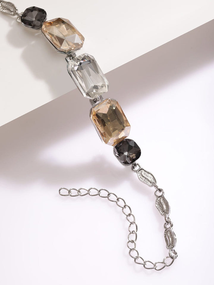 Rubans Rhodium Plated Cubic Zirconia Studded Multi-Colored Statement Bracelet Wristwear