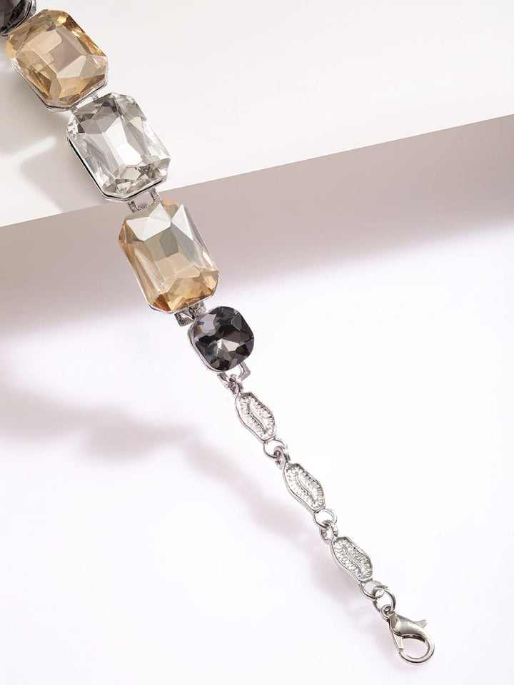 Rubans Rhodium Plated Cubic Zirconia Studded Multi-Colored Statement Bracelet Wristwear