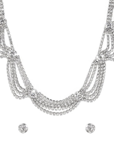 Rubans Rhodium Plated Cubic Zirconia Studded Multi-Layer Statement Necklace Set Jewellery Set