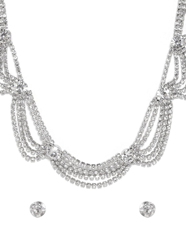 Rubans Rhodium Plated Cubic Zirconia Studded Multi-Layer Statement Necklace Set Jewellery Set