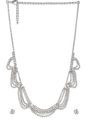 Rubans Rhodium Plated Cubic Zirconia Studded Multi-Layer Statement Necklace Set Jewellery Set