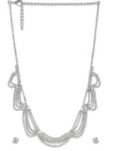Rubans Rhodium Plated Cubic Zirconia Studded Multi-Layer Statement Necklace Set Jewellery Set