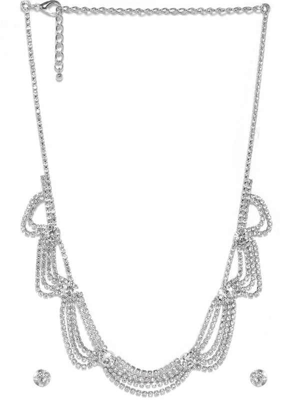 Rubans Rhodium Plated Cubic Zirconia Studded Multi-Layer Statement Necklace Set Jewellery Set