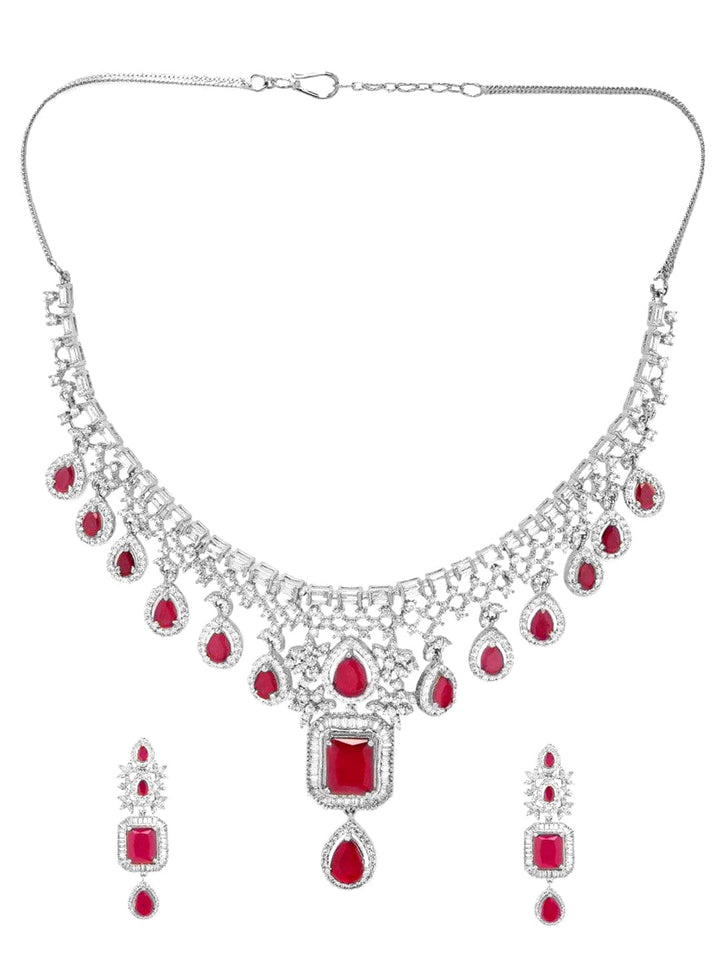 Rubans Rhodium-Plated Cubic Zirconia Studded Necklace and Earrings Necklace Set