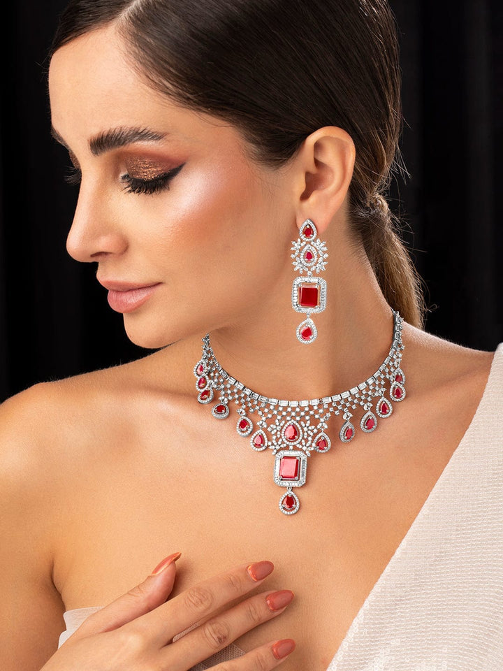 Rubans Rhodium-Plated Cubic Zirconia Studded Necklace and Earrings Necklace Set