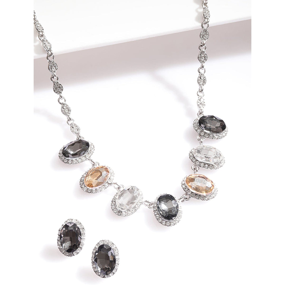Rubans Rhodium-Plated Cubic Zirconia Studded Necklace Set with Multi-Color Gemstones Jewellery Set