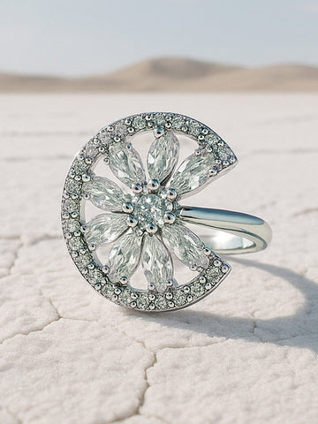 Rubans Rhodium-Plated Cubic Zirconia Studded Openable Adjustable Floral Ring Finger Ring