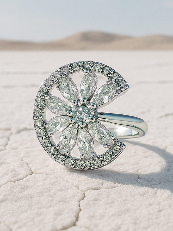 Rubans Rhodium-Plated Cubic Zirconia Studded Openable Adjustable Floral Ring Finger Ring