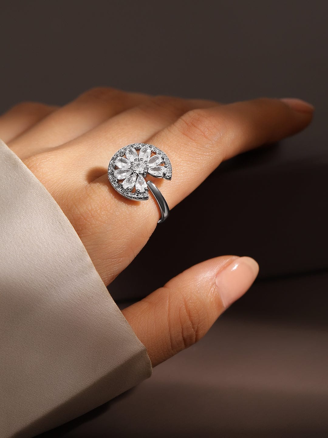 Rubans Rhodium-Plated Cubic Zirconia Studded Openable Adjustable Floral Ring Rings