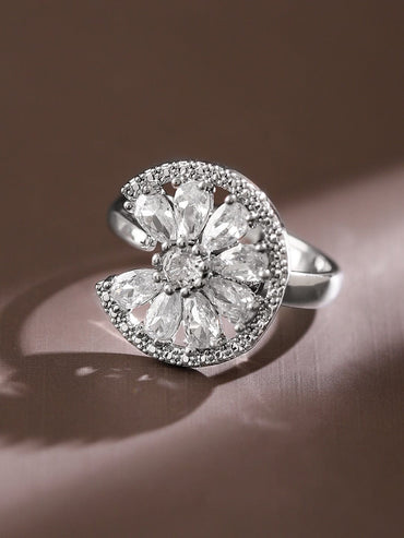 Rubans Rhodium-Plated Cubic Zirconia Studded Openable Adjustable Floral Ring Rings