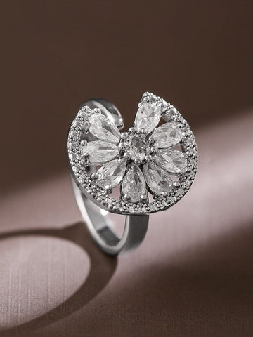 Rubans Rhodium-Plated Cubic Zirconia Studded Openable Adjustable Floral Ring Rings