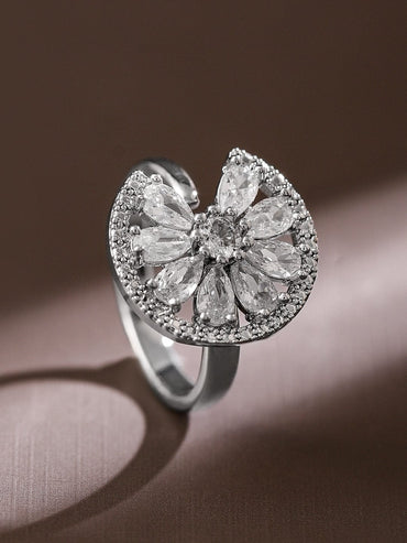 Rubans Rhodium-Plated Cubic Zirconia Studded Openable Adjustable Floral Ring Rings