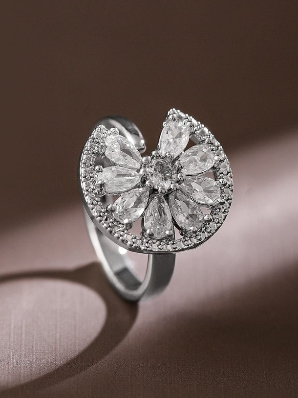 Rubans Rhodium-Plated Cubic Zirconia Studded Openable Adjustable Floral Ring Rings