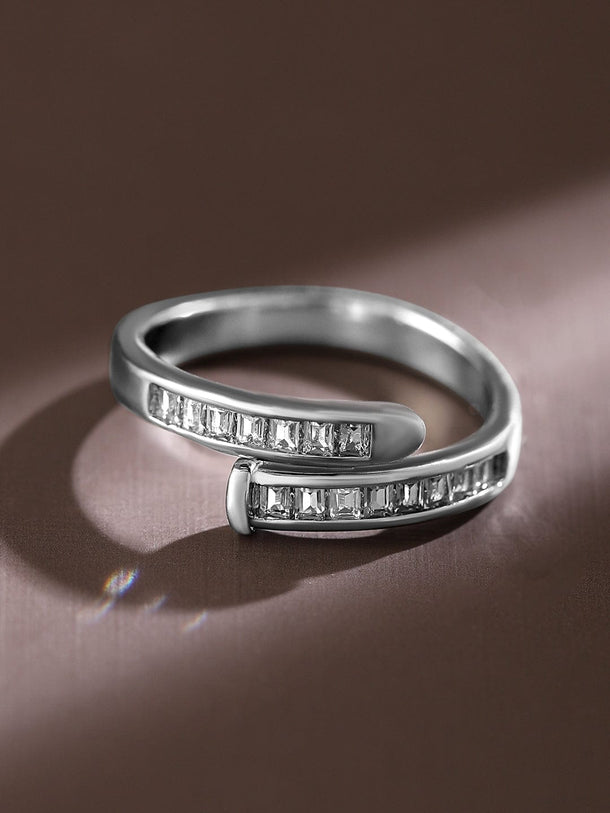 Rubans Rhodium-Plated Cubic Zirconia Studded Openable Adjustable Minimalist Ring Rings
