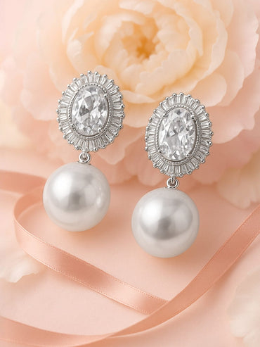 Rubans Rhodium-Plated Cubic Zirconia Studded Pearl Drop Oval Frame Earrings Earrings