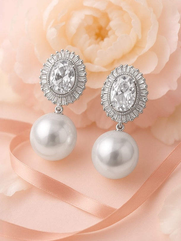 Rubans Rhodium-Plated Cubic Zirconia Studded Pearl Drop Oval Frame Earrings Earrings