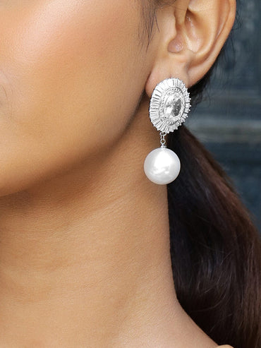 Rubans Rhodium-Plated Cubic Zirconia Studded Pearl Drop Oval Frame Earrings Earrings